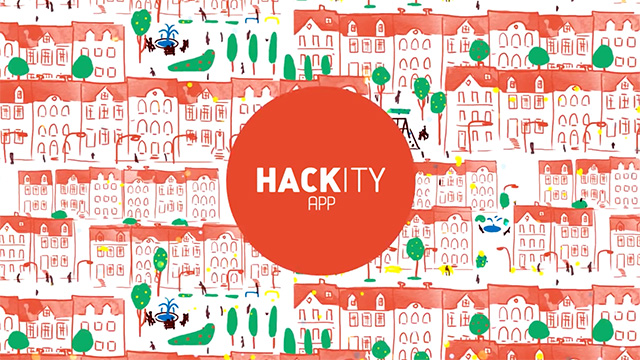 Dibujo de muchas casas con un círculo rojo y el texto hackity app