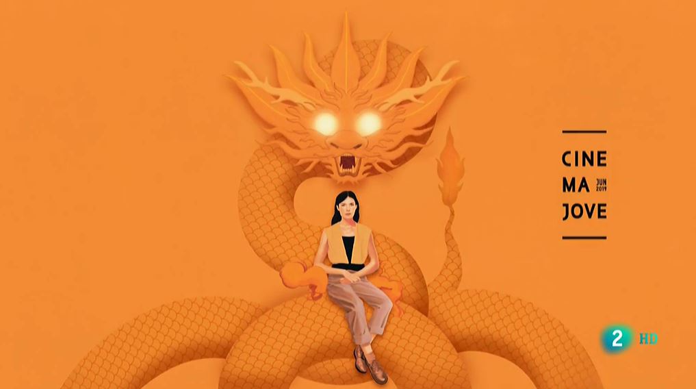 Ilustración de una señora sentada sobre un dragón