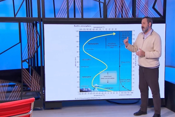 img-José Miguel Viñas explicando en un mapa fenómenos meteorológicos en las montañas